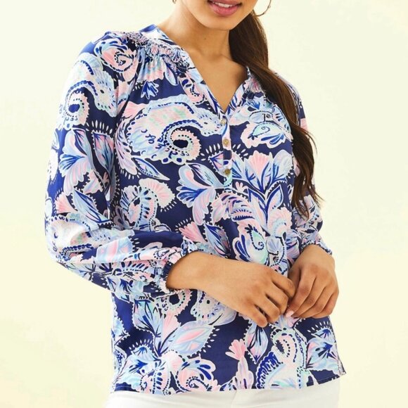 Lilly Pulitzer Elsa Top Navy Holy Flockamolie Long Sleeve Silk Blouse Small - Picture 2 of 10